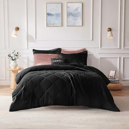 Intelligent Design Twin Comforter Set, Velvet Comforter Set , Luxury Diamond Quilting Comforter Set, Fluffy Comforter Bed Set with Decorative Pillowand 1 Sham, 3 Piece Black, Twin/Twin XL