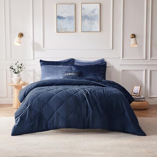 Intelligent Design King Comforter Set, Velvet Comforter Set , Luxury Diamond Quilting Comforter Set, Fluffy Comforter Bed Set with Decorative Pillowand 2 Shams, 4 Piece Navy, King/ Cal King