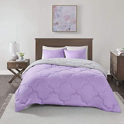 Comfort Spaces Vixie Reversible Comforter Set - Trendy Casual Geometric Quilted Cover, All Season Down Alternative Cozy Bedding, Matching Sham, Lavender/Gray, Full/Queen 3 piece