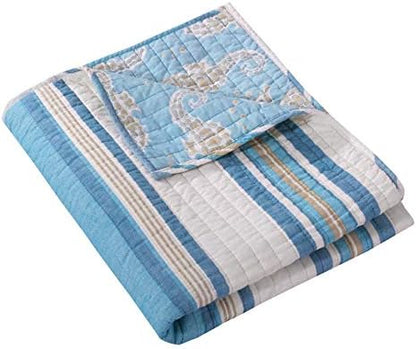 Levtex Home - Blue Maui - Quilted Throw - 50x60in. - Striped Coastal Design in Light Blue, Cream and Tan - Reversible Pattern - Cotton Fabric