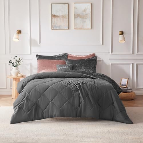 Intelligent Design King Comforter Set, Velvet Comforter Set , Luxury Diamond Quilting Comforter Set, Fluffy Comforter Bed Set with Decorative Pillowand 2 Shams, 4 Piece Grey, King/ Cal King