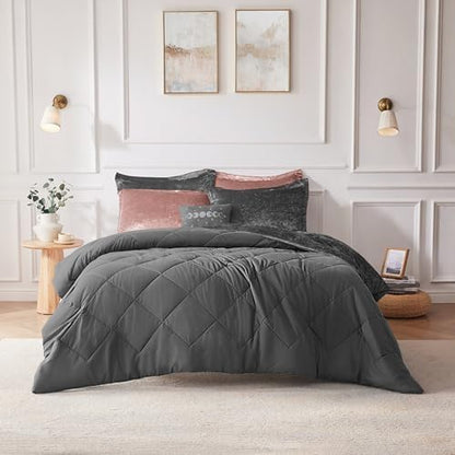 Intelligent Design King Comforter Set, Velvet Comforter Set , Luxury Diamond Quilting Comforter Set, Fluffy Comforter Bed Set with Decorative Pillowand 2 Shams, 4 Piece Grey, King/ Cal King