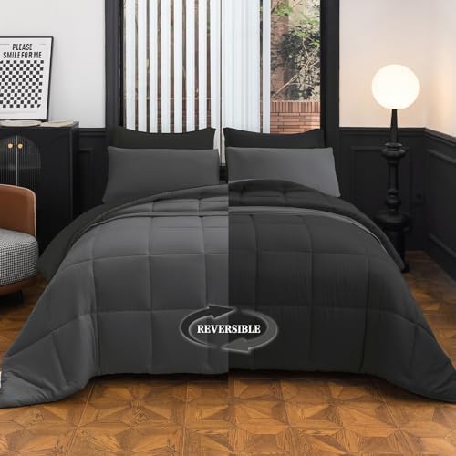 Twin XL Comforter Set - 7-Piece Black All-Season Bedding with Ultra Soft Reversible Lightweight Comforter, Bed Skirt, Flat Sheets, Pillowcases & Pillow Shams