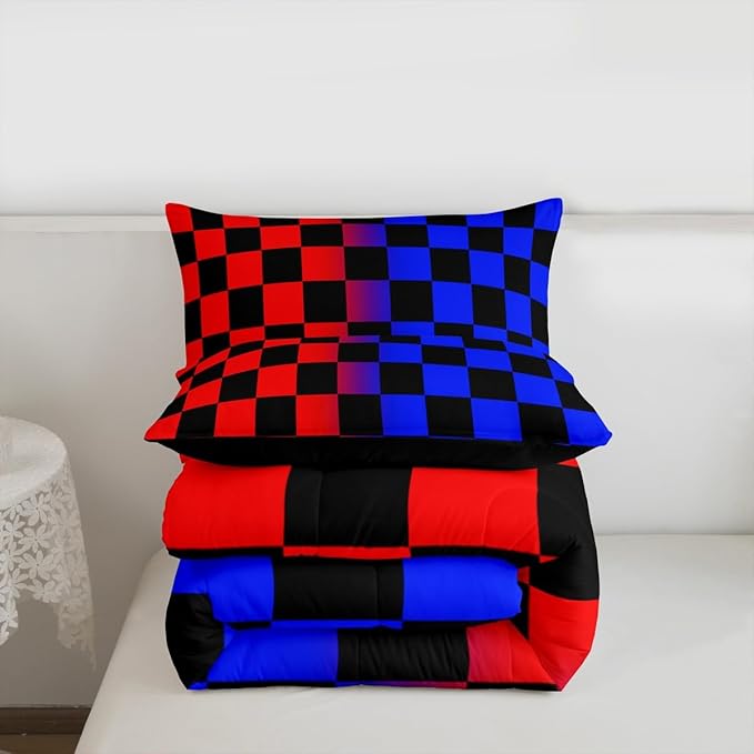 Feelyou Checkered Kids Comforter Set Toddler Size Red Blue Plaid Bedding Set Cute Retro Neutral Checkerboard Geometric Duvet Quilt for Kids Boys Girls Bedroom Vintage Aesthetic Decor