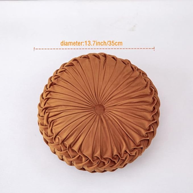 NatureMan 13.7 inch Round Sofa Cushion Pure Color Velvet Home Decor, Pleated Round Cushion, Pumpkin Pillow Suitable for Home Bed car Decoration (Orange)