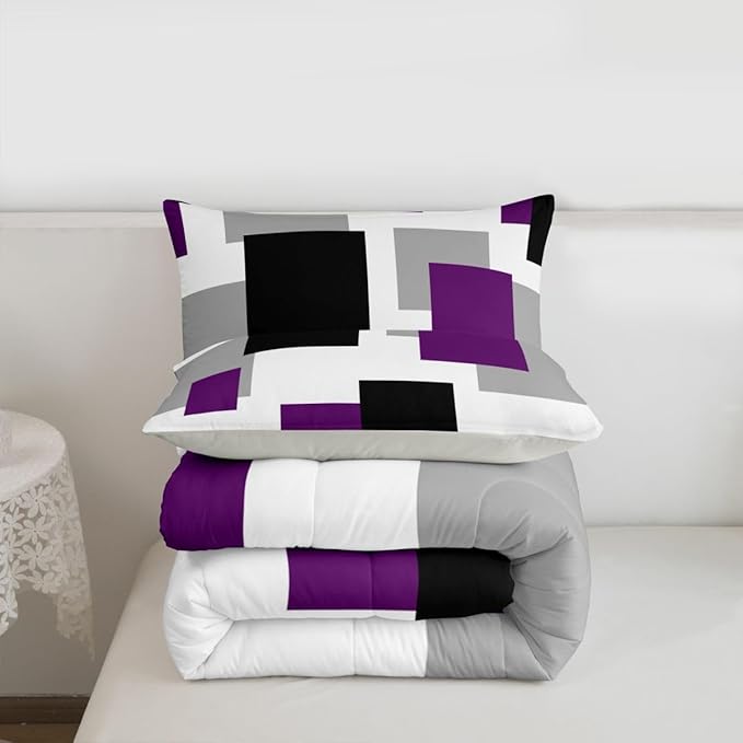 Castle Fairy Purple Black White Grid Twin Size Comforter Set,Geometric Square Splicing Quilt Set Soft Bed Collection,Modern Abstract Bedding Comforter for Boys Girls Room Decor,2 Pcs
