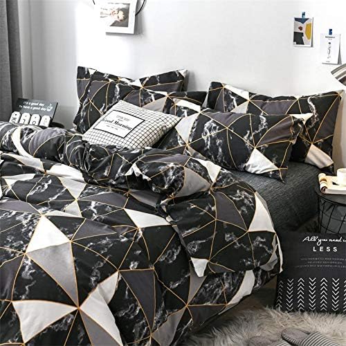 CLOTHKNOW Black White Marble Comforter Set King Size Triangle Plaid Bedding Comforter Set All Season Geometric Comforter