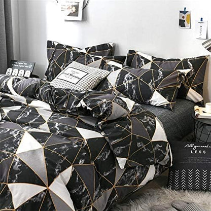 CLOTHKNOW Black White Marble Comforter Set King Size Triangle Plaid Bedding Comforter Set All Season Geometric Comforter