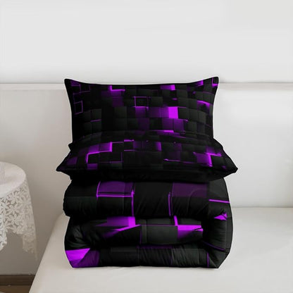 Erosebridal Black Purple Comforter Set Full Neon Geometric Checkered Bedding Set for Girls Teen Women,Tereoscopic Grids Comforter Square Plaid Quilt Duvet Room Decor 3 Pcs