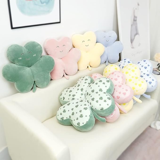 Cyprinus Carpio Smile Face Trifolium Plush Throw Pillow Green Shamrock Cushion Decor Room Light Blue/15Inch