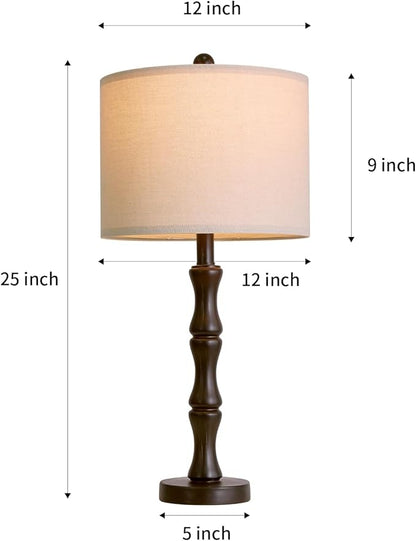 BOBOMOMO 25" Classic Table Lamps Set of 2, Farmhouse Nightstand Lamps with Dark Brown Resin Base & Linen Shade, Standard Table Lamps for Bedroom, Living Room, Hallway & House Décor