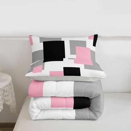 Castle Fairy Pink Black White Comforter Set Toddler Size,Geometric Grid Square Splicing Bedding Set for Kids Teens,Modern Abstract Down Comforter,2 Pcs 1 Pillowcase