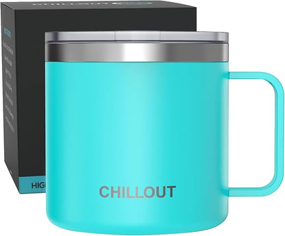 CHILLOUT LIFE Stainless Steel 16 oz Vacuum Insulated Coffee Mug with Handle and Lid, Large Thermal Camping Coffee Mug Cup with Durable Sliding Lid for Men & Women, Keeps your Beverages Hot/Cold
