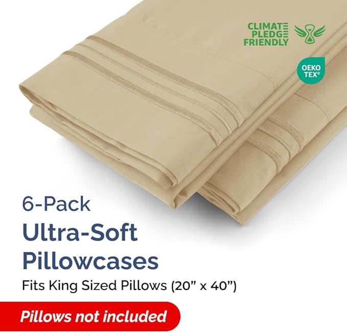 King Pillow Cases Set of 6 - Ultra Soft Hotel Quality Pillowcase Covers - Comfy & Wrinkle Free - Shrink, Stain and Fade Resistant - Easy-Care, Machine Washable Pillow Protectors - 6 Piece Set - Beige