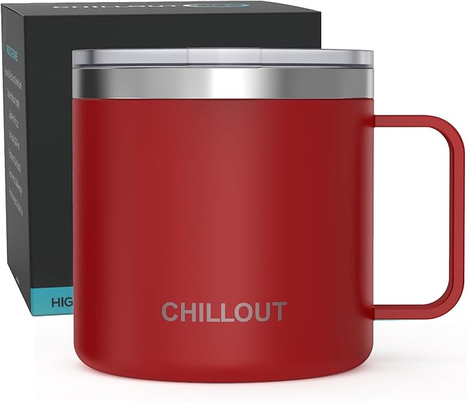 CHILLOUT LIFE Stainless Steel 16 oz Vacuum Insulated Coffee Mug with Handle and Lid, Large Thermal Camping Coffee Mug Cup with Durable Sliding Lid for Men & Women, Keeps your Beverages Hot & Cold