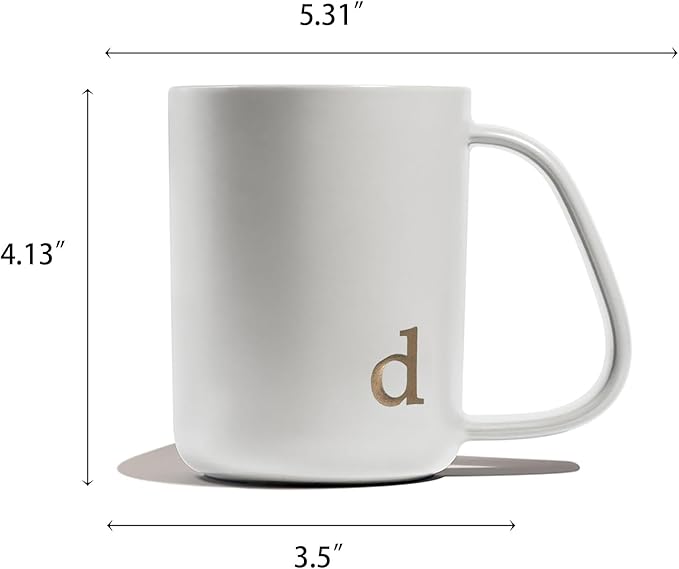 COLLECTIVE HOME - Ergonomic Handle Ceramic Mug, 15 oz Personalized Coffee Cup with Golden Initial, Microwave & Dishwasher Safe, Elegant Monogram Tea Mug in Gift Box for Home & Office (White-d)
