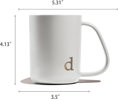 COLLECTIVE HOME - Ergonomic Handle Ceramic Mug, 15 oz Personalized Coffee Cup with Golden Initial, Microwave & Dishwasher Safe, Elegant Monogram Tea Mug in Gift Box for Home & Office (White-d)