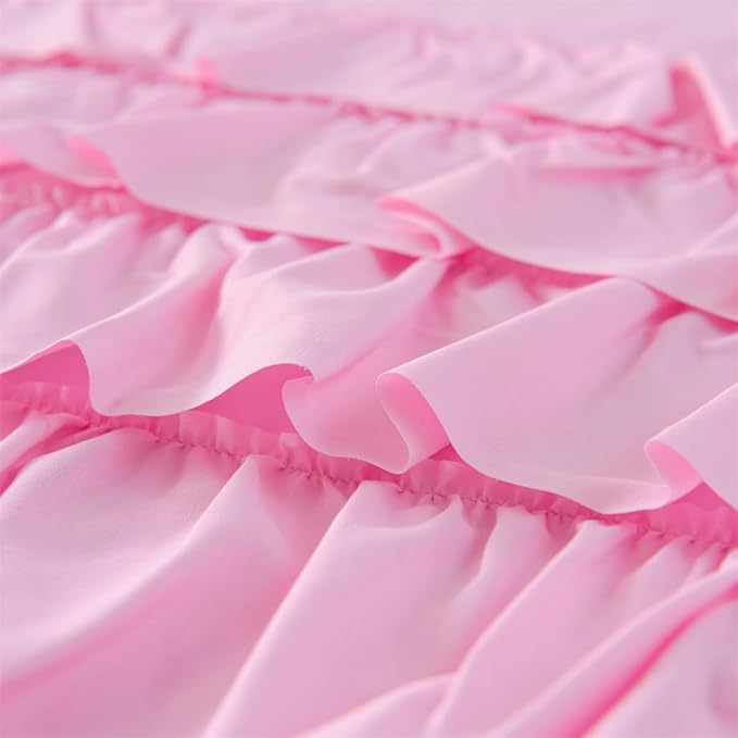 Holawakaka Pink Waterfall Ruffle Comforter Set Full Size Multi-Layers Ruffled Shabby Chic 3PCS Bedding Set for Girls Women, Kids Teens Ruched Dorm Bed Set