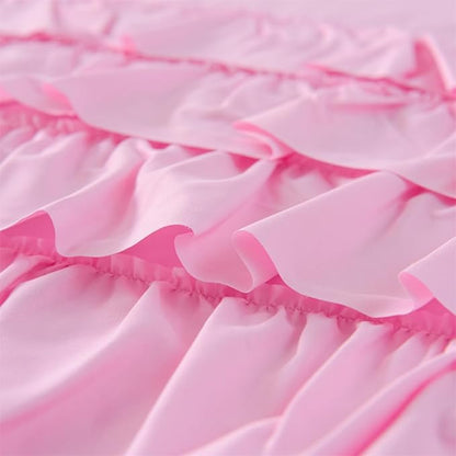 Holawakaka Pink Waterfall Ruffle Comforter Set Full Size Multi-Layers Ruffled Shabby Chic 3PCS Bedding Set for Girls Women, Kids Teens Ruched Dorm Bed Set