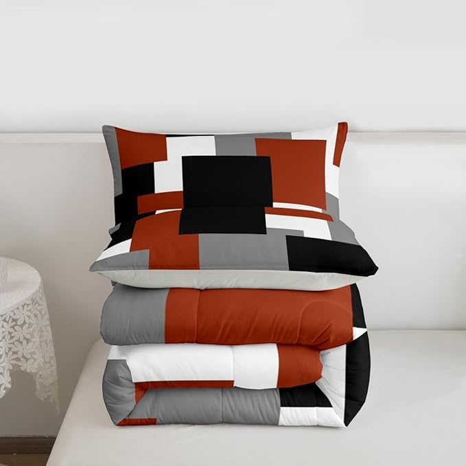 Castle Fairy Red Grey Black Bed Comforter Set Queen Size,Modern Abstract Art Super Soft Microfiber Bedding Set for Girls Boys,Geometric Grid Square Splicing Decorative Quilter Set
