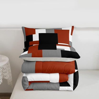 Castle Fairy Red Grey Black Bed Comforter Set Queen Size,Modern Abstract Art Super Soft Microfiber Bedding Set for Girls Boys,Geometric Grid Square Splicing Decorative Quilter Set