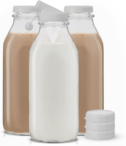 JoyJolt Glass Milk Bottles with Lids and Pourer – 32 Oz, 3 Pack Airtight Heavy Duty Reusable Glass Bottles, Leakproof, BPA-Free, Food Grade, Dishwasher Safe Jug, Pitcher for Milk, Juice, and Water