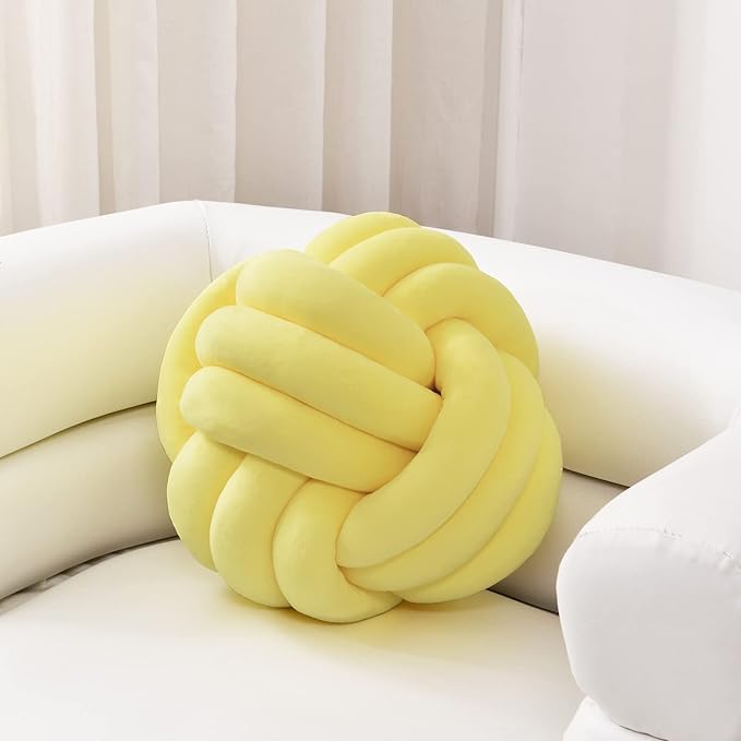 Sioloc Soft Knot Ball Pillows,Round Throw Pillow Cushion Home Decoration Plush Pillow,Throw Knotted Pillow Handmade Round Plush Pillow（10.6inches,Yellow）