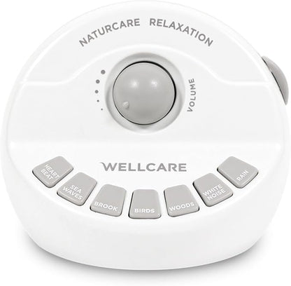 WELLCARE-Naturcare Sound Relaxation: White Noise, 7 Nature Sounds, Sleep Sound Machine, Calm Infants, for Baby, Kids, Adult. Stepless Volume, Timer, Powered by Adapter(Incl.) or Batteries(Not Incl.)