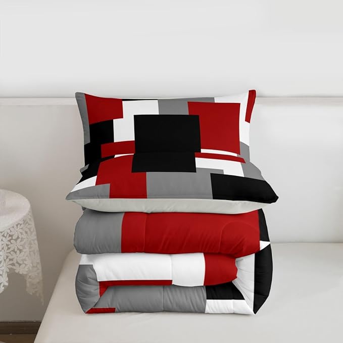 Castle Fairy Red Grey Black Comforter Set Queen Size,Geometric Grid Square Splicing Down Alternative Adults Room Decor,Modern Abstract Ultra Soft Microfiber Inner Fill 3Pcs Bedding