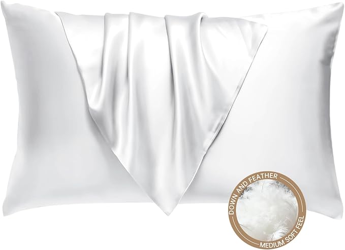 BHZ White Satin Goose Down Feather Pillows Standard Size with Pillowcase for Hair and Skin, Cooling Pillow Cases Similar to Silk Pillow Cases, Decorative for Women, Mom Men