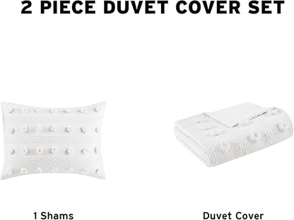 Intelligent Design Twin Duvet Cover Set, Clipped Jacquard Duvet Set Chic Pompoms Accent, All Seasons Lightweight Microfiber Bed Cover for Comforter with 1 Sham, Lucy, Twin/Twin XL Ivory 2 Piece