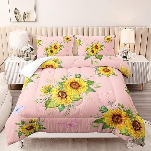 Sunflower Pink Comforter Set King Size for Women Adults,3 Piece Butterfly Floral Bedding Set,Microfiber Quilts with 2 Shams Soft Lightweight Quilt Room Decor,Pink