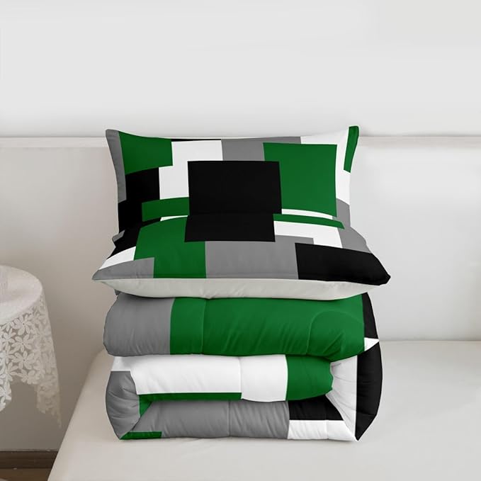 Castle Fairy Green Grey Black Comforter Set Toddler Size 2 Pcs,Modern Abstract Art Bedding Set,Geometric Grid Square Splicing Quilt Set for Child Bedroom,Duvet Insert,1 Pillowcase