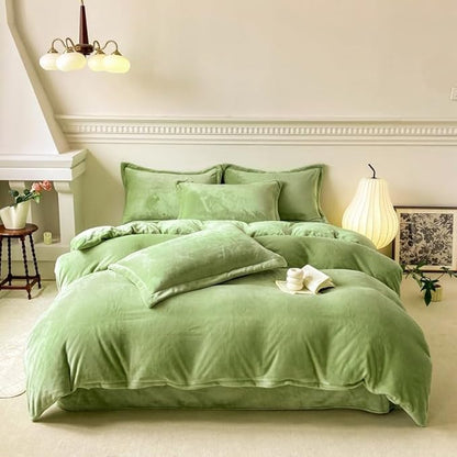 Luxlovery Sage Green Velvet Comforter Set King Light Green Bedding Sets King Size Comfy Soft Grass Green Micromink Sherpa Quilt Blanket Plush Fluffy Comforter Set King Size
