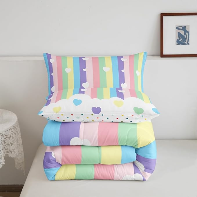 Erosebridal Love Heart Down Comforter Toddler Size,Cartoon Rainbow Comforter Set for Kids Teens Boys Girls, Kawaii Decor Quilt for All Season, Stripes Quilt, Colorful