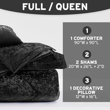 Intelligent Design Queen Comforter Set, Velvet Comforter Set , Luxury Diamond Quilting Comforter Set, Fluffy Comforter Bed Set with Decorative Pillowand 2 Shams, 4 Piece Black, Full/Queen