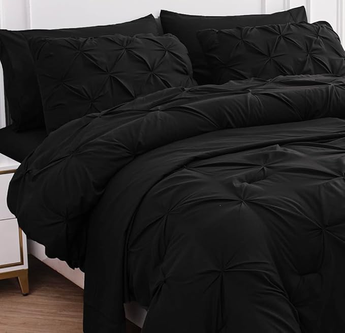 LANE LINEN Full Size Comforter - 7 PCs Set - Full Size Bed in a Bag Luxury Down Alternative - One Set Full Size Bedding Collection - Easy Care, Machine Washable, Soft & Cozy All-Season Bedding – Black | Plush alt fill, Cozy lightweight, Machine washabl...