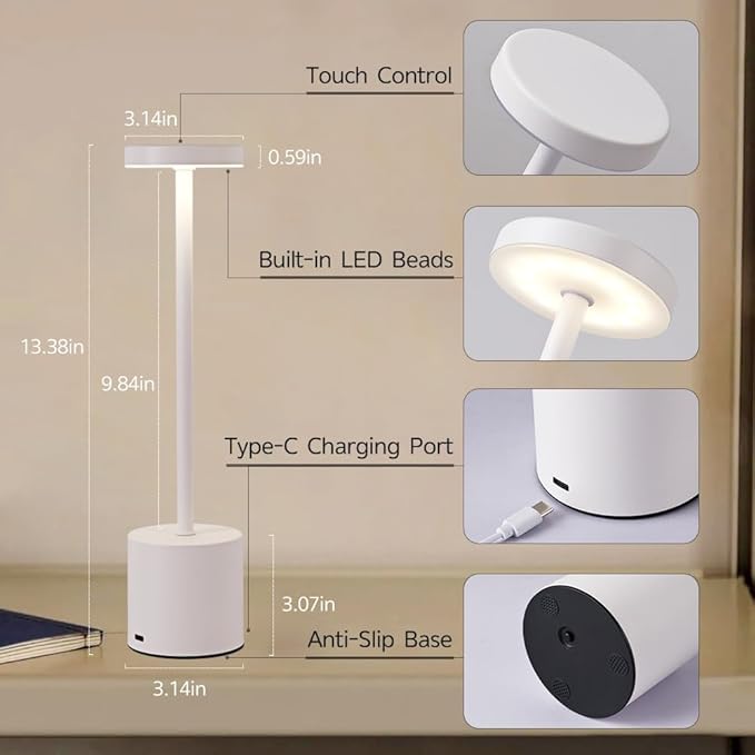 Cordless Table Lamp Set of 2, 5000mAh Rechargeable Battery Powered LED Table Light, Portable Touch Dimming Outdoor Table Lamps,3 Color Light for Restaurant,Patio,Bedroom,Camping,Cofee (White)