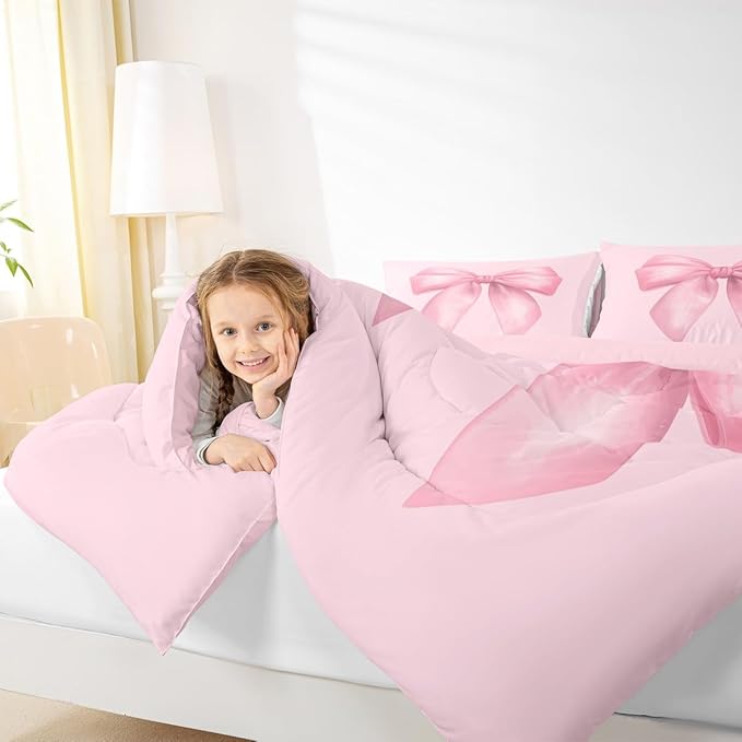 Feelyou Pink Bow Comforter Set All Season Cute Bowknot Bedding Set with 1 Pillow Cases Pricess Style Microfiber Kids Twin Bedclothes Kawaii Bedroom Decor Duvet Quilt Breathable Soft Lightweight