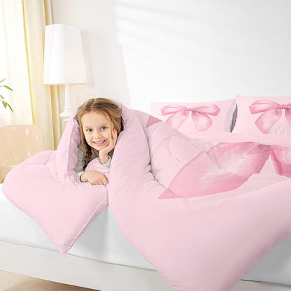 Feelyou Pink Bow Comforter Set All Season Cute Bowknot Bedding Set with 1 Pillow Cases Pricess Style Microfiber Kids Twin Bedclothes Kawaii Bedroom Decor Duvet Quilt Breathable Soft Lightweight