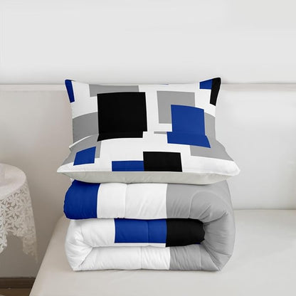 Castle Fairy Blue Black White Bedding Set for Boys Girls,Modern Abstract All Season Cozy Comforter Set Full Size,Geometric Grid Splicing Duvet Set Bedroom Decor,Festival Gifts