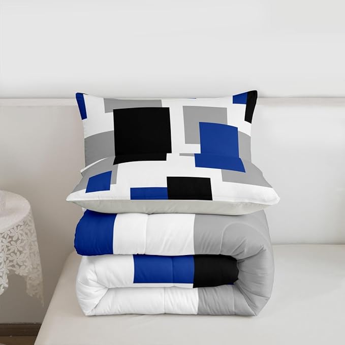 Castle Fairy Blue Black White Twin Size Comforter Set,Geometric Grid Splicing Duvet Set Soft Bed Collection,Modern Abstract Bedding Comforter for Boys Girls Bedroom,2 Pcs