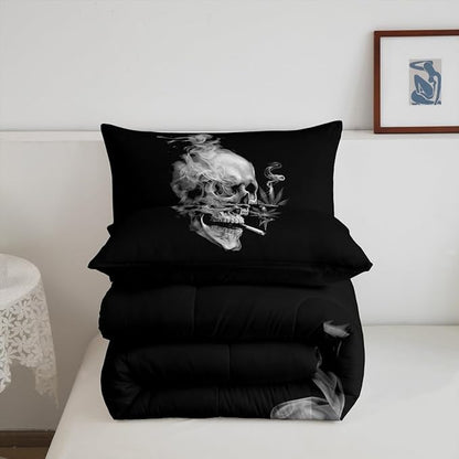 Erosebridal Smoky Skull Comforter Set Full,Gray Leaves Bedding for Kids Teens Adult,Gothic Skeleton Down Comforter, Plant Tropical Botanical Bedding Comforter Sets,Luxury Soft