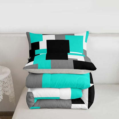 Castle Fairy Teal Black Grey Comforter Set King Size,Abstract Geometric Grid Down Alternative Adults Bedroom Decor,Modern Square Splicing Ultra Soft Microfiber Inner Fill 3Pcs Bedding