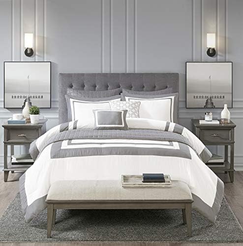 Madison Park Heritage Comforter Quilt Combo Set - Modern Luxury Design, All Season Down Alternative Bedding, Matching Shams, Decorative Pillows, Full/Queen(90"x90"), Color Block Grey 8 Piece