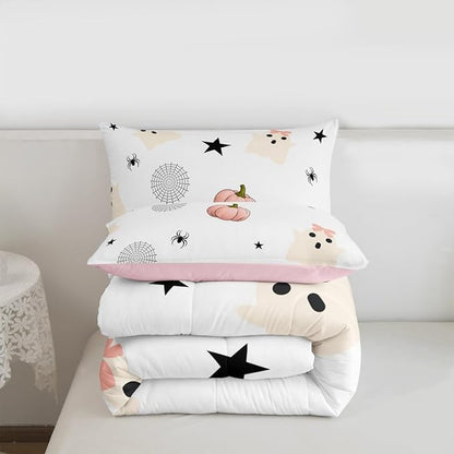Erosebridal Kids Halloween Ghost Toddler Bedding Set, Pink Pumpkin Comforter Set for Girls Boys Teens Women Cute Halloween Decor, Funny Ghost Spider Web Comforter Star Quilt