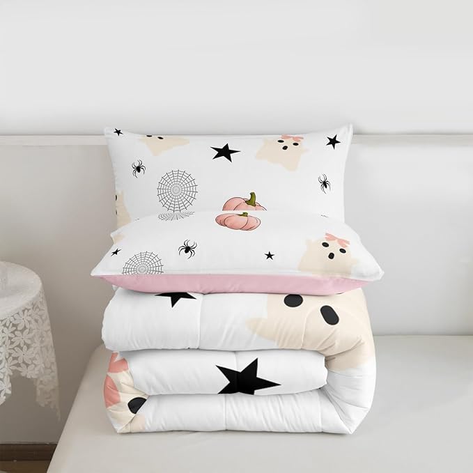 Erosebridal Kids Halloween Ghost King Bedding Set, Pink Pumpkin Comforter Set for Girls Boys Teens Women Cute Halloween Decor, Funny Ghost Spider Web Comforter Star Quilt