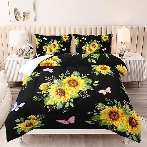 Black 3 Piece Sunflower Comforter Sets King Size, Farmhouse Floral Bedding Set for Girls Boys Adults,3 Piece Bed in A Bag, Ultra Soft Microfiber All Season Yellow Flower Bedding Set