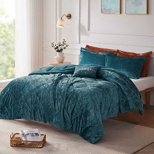 Intelligent Design King Comforter Set, Velvet Comforter Set , Luxury Diamond Quilting Comforter Set, Fluffy Comforter Bed Set with Decorative Pillowand 2 Shams, 4 Piece Teal, King/ Cal King