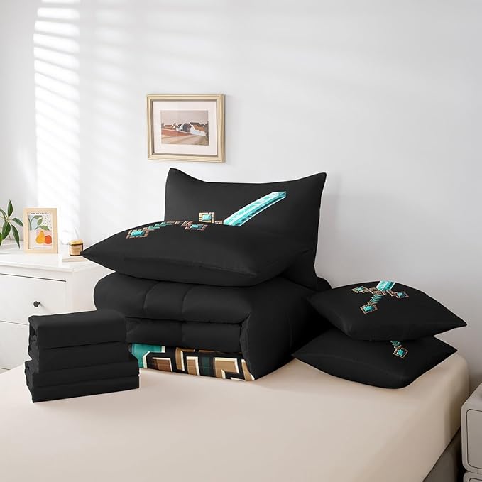 Blue Sword 7Pcs Comforter Set Twin Size,Pixelated Check Sword Bedding Sets,Sandbox Block Gaming Fitted Flat Sheet for Kids Boys Teens Room Decor,Modern Black Games Theme 2 Throw Pillow,2 Pillowcases
